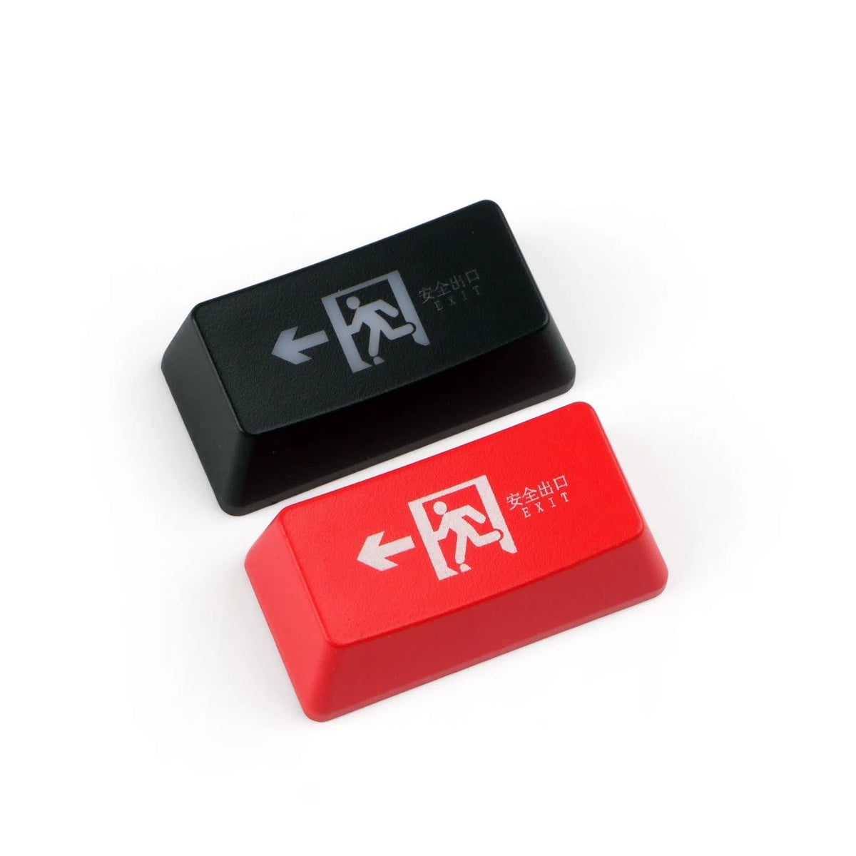 Transparent mechanical keyboard keycap with safety evacuation exit graphic in red text