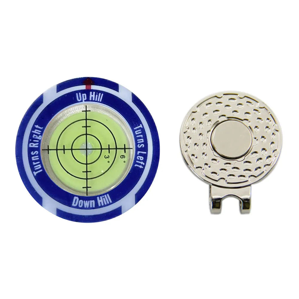 Golf Level Hat Clip attached to golf hat brim showing green distance measurement display