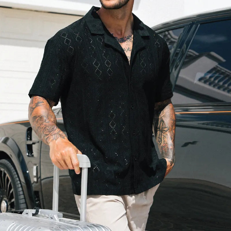 Men's hollow shirt slim fit dotted pattern woven polyester top in white or black