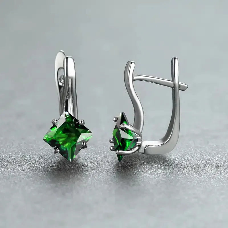 Women's copper earrings with diamond design featuring zircon inlaid stones in blue, colour, and green options