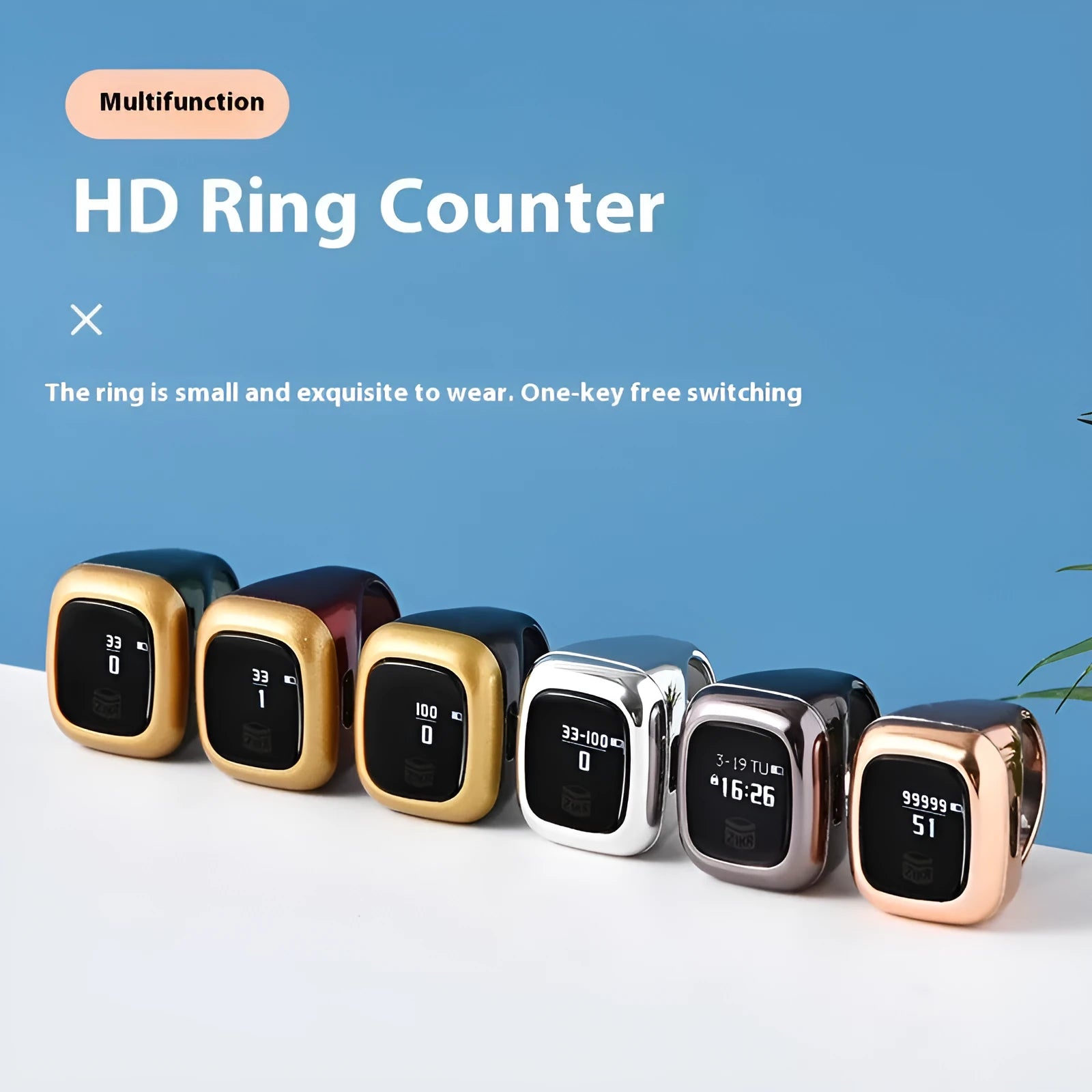Al-fatiha Zikr electronic counter with digital display in choice of six colours and three band sizes.