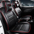 Universal fit car seat cover in cow leather, shown in beige and black with red line colour options.