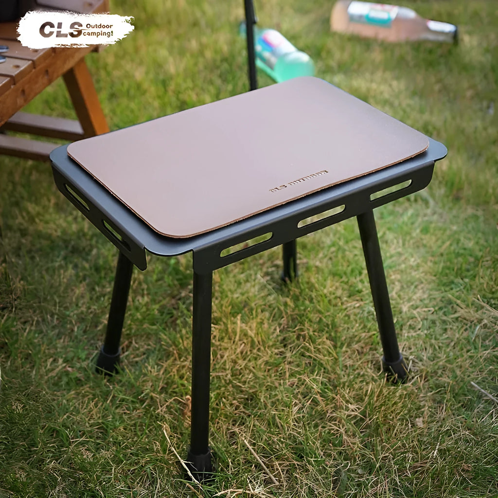 CLS Outdoor aluminium dual-use folding camping stool shown in table and stool mode with beige cushion.