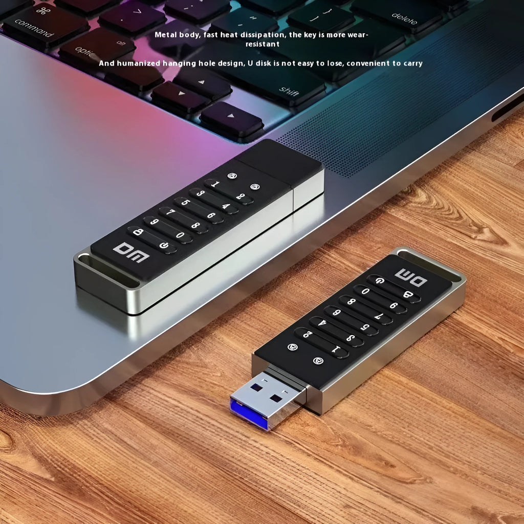 Fingerprint encrypted USB 3.0 flash drive with metal casing showing biometric sensor and 64GB capacity