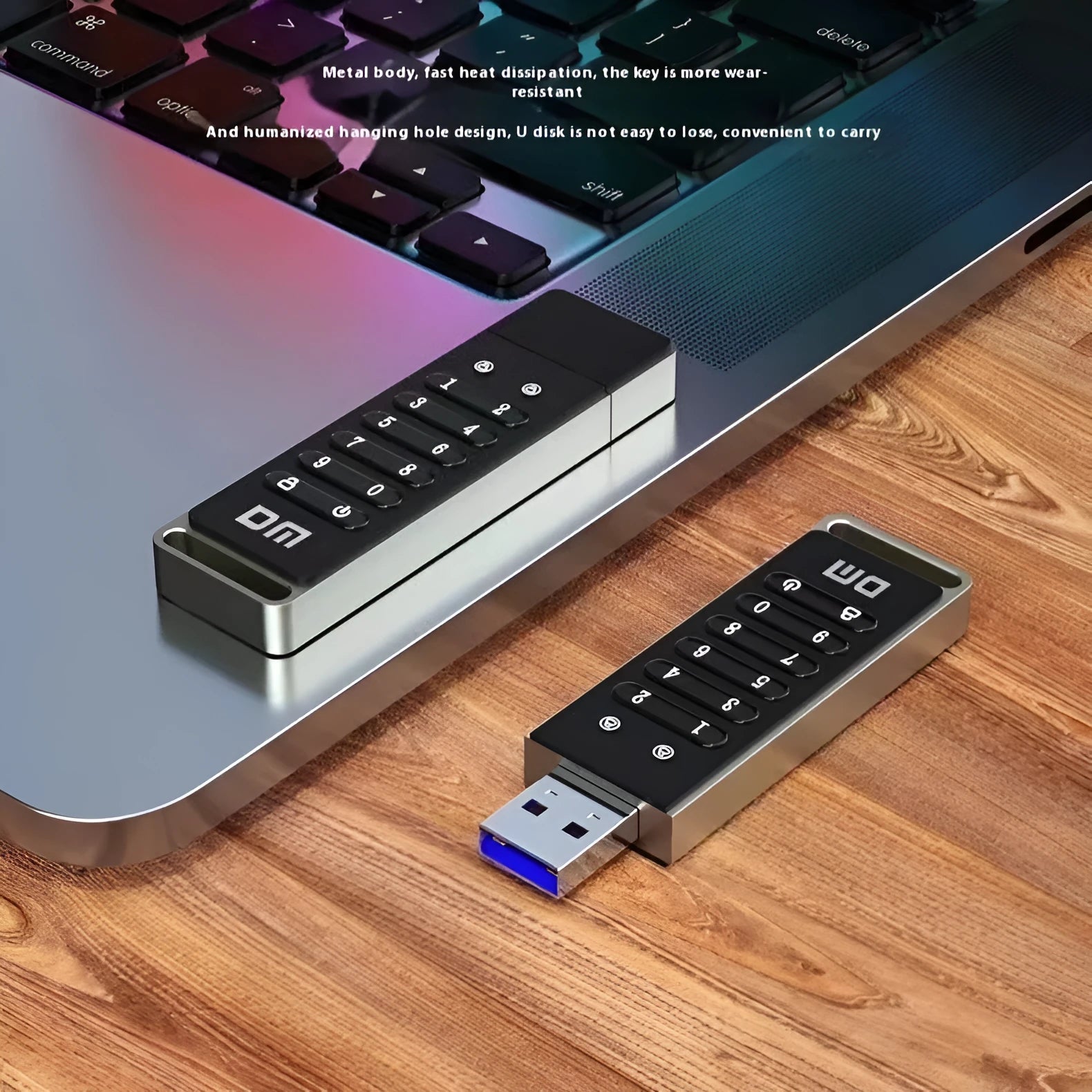Fingerprint encrypted USB 3.0 flash drive with metal casing showing biometric sensor and 64GB capacity