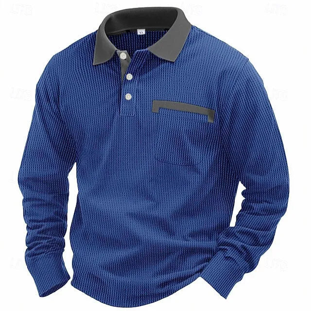 Men's loose fit long-sleeved waffle knit polo shirt in asymmetric American retro style