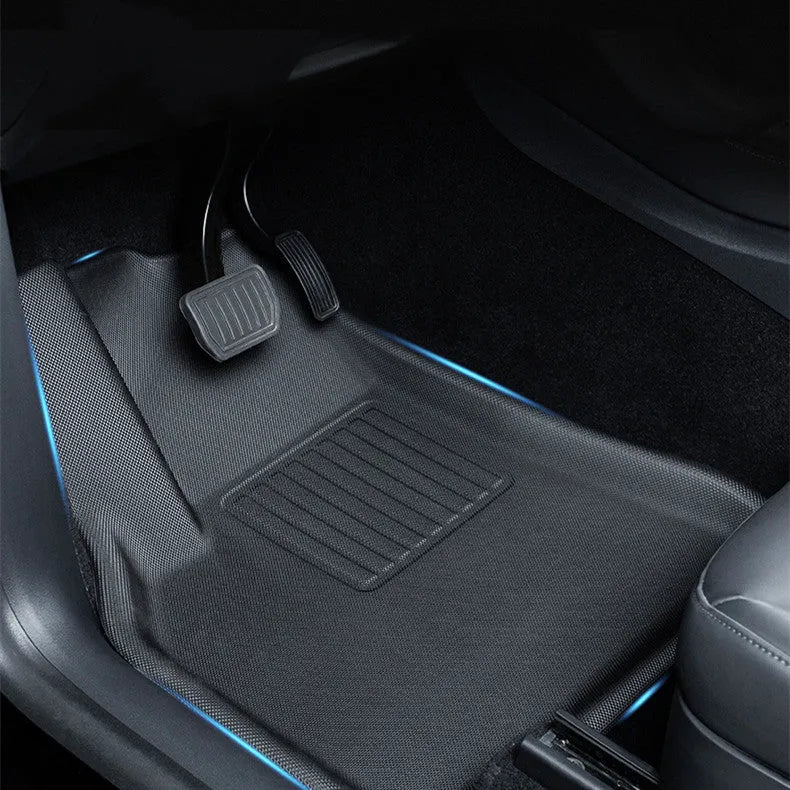 TPR material floor mats for Tesla Model Y, showing foot mats, storage box mats, and tailbox mats.
