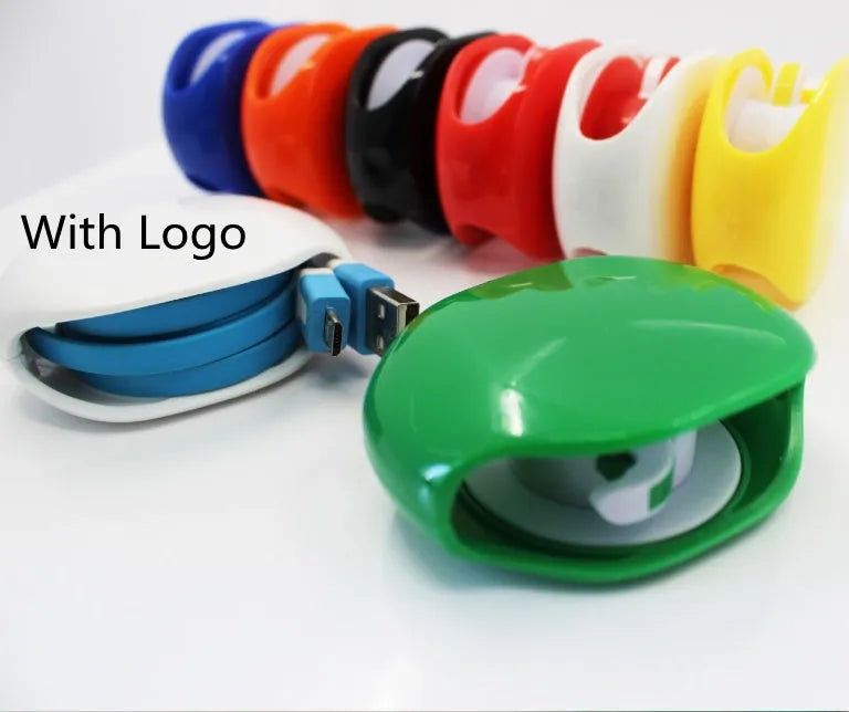 Automatic earphone cable winder retractor in various colours on a white background.