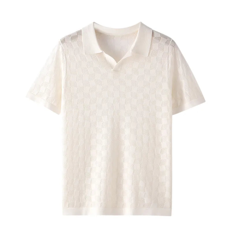 Men's short sleeve mulberry silk sweater with lapel in a solid colour