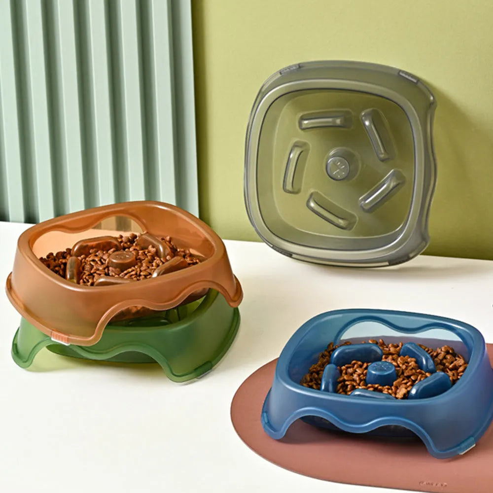 Plastic dog slow feeder bowl in blue gray green or orange for anti-choking pet feeding