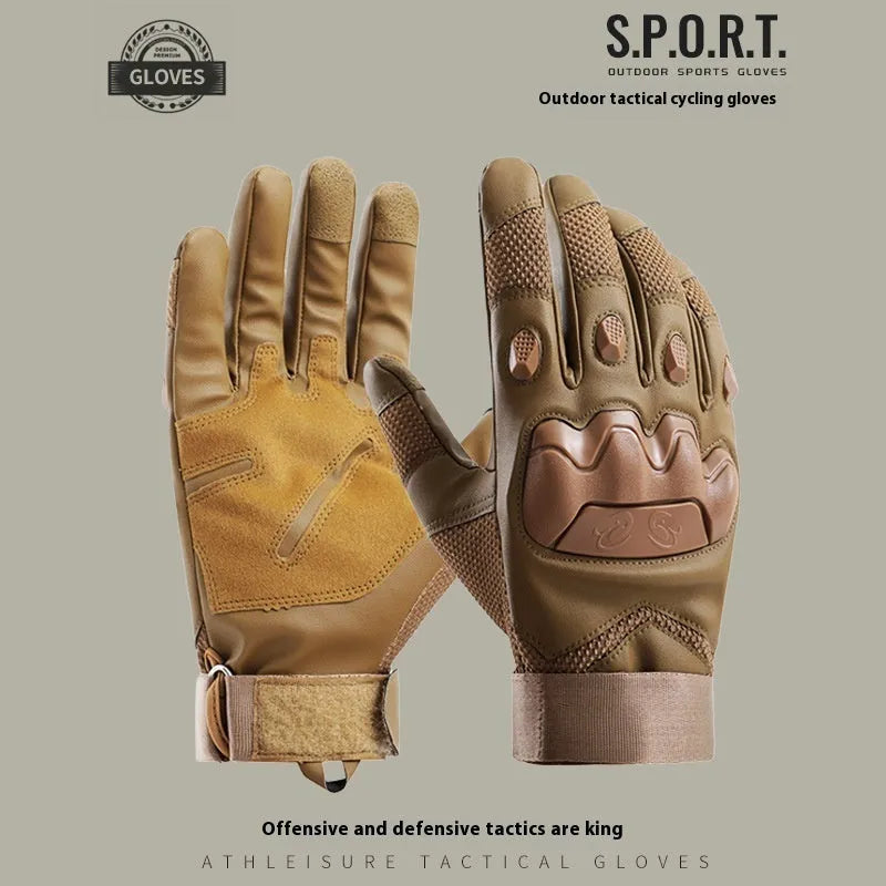 Men's black full finger tactical gloves laid flat, showing touch screen compatible fingertips.