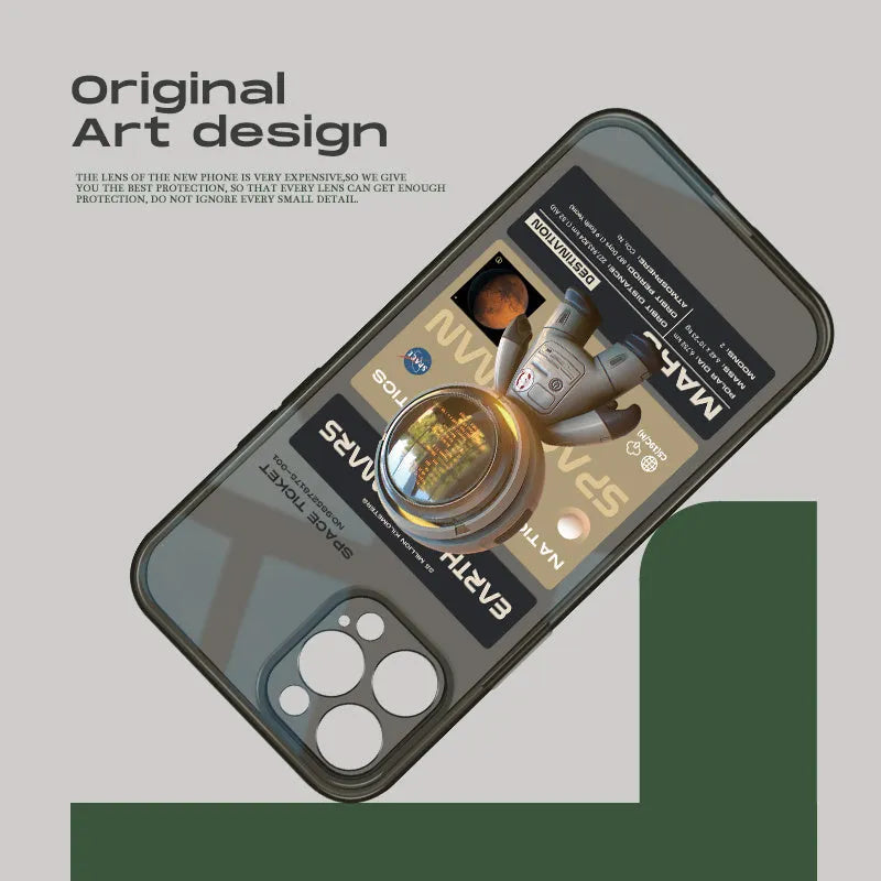 Niche Trendy Brand black soft TPU iPhone protective case showing Mars Ticket and Oasis Flights design variants