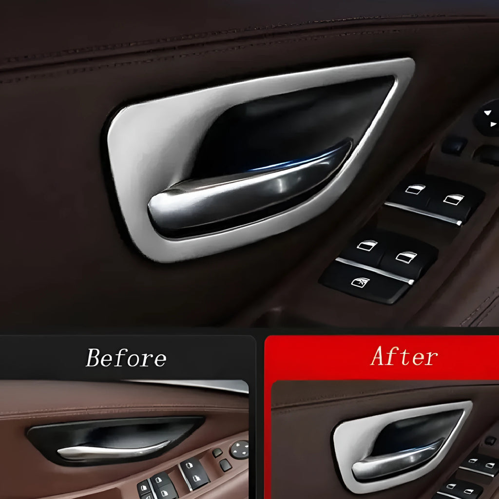 Set of four ABS stainless steel decorative strip stickers for BMW 5 Series interior door handles.