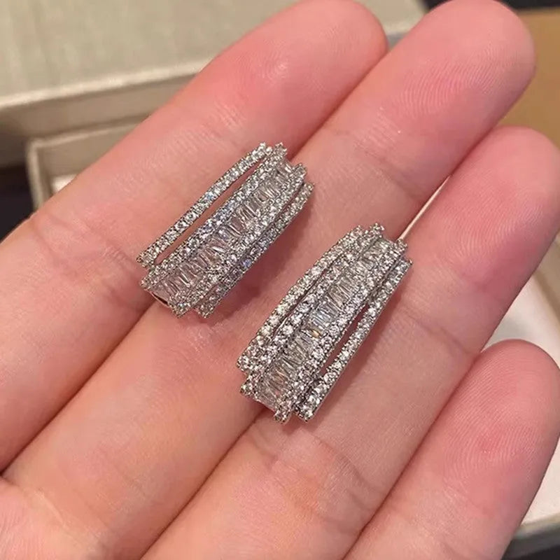 Women's geometric copper stud earrings with zircon stone inlay in white gold colour