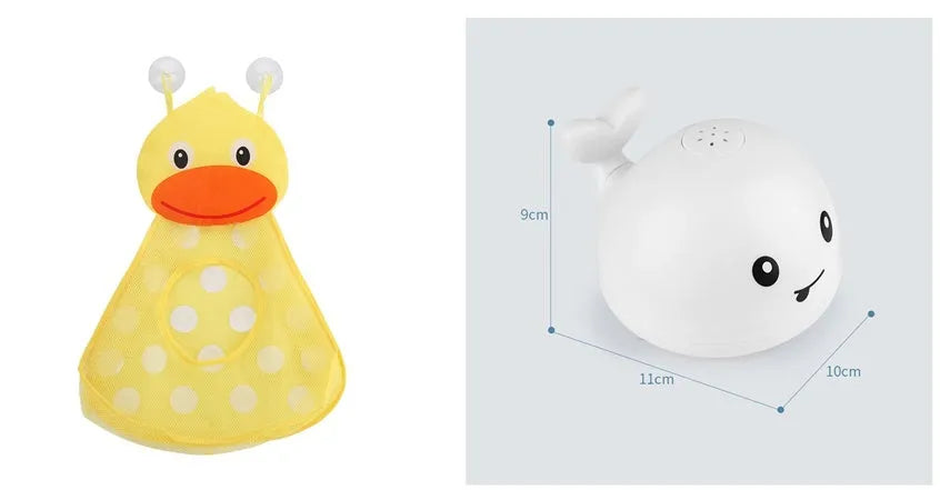 Whale-shaped electric bath toy spraying water with coloured LED lights, shown with base unit on blue background