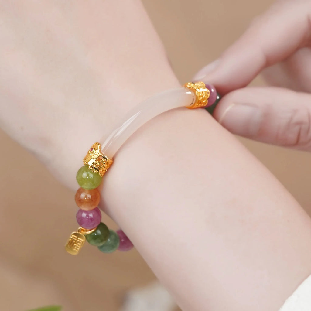Natural tourmaline rainbow coloured half bracelet for women with electroplated finish.