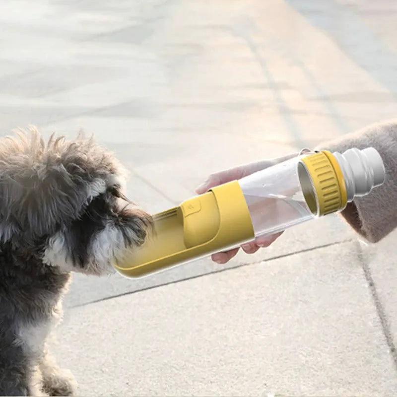 Dog water bottle with built-in bowl in dark blue, white, or yellow