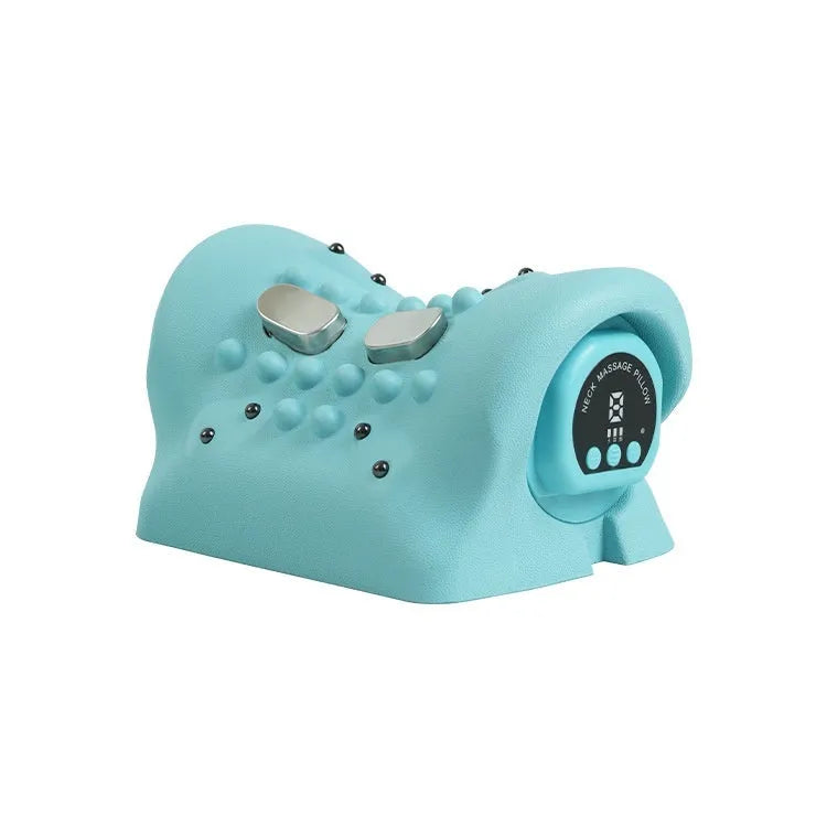 Blue-green portable neck and shoulder massage pillow showing compact size and controls for EMS, heat, and vibration functions.