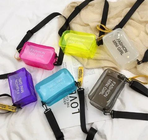 Transparent square jelly shoulder bag in hard PC material with adjustable strap and fresh sweet design