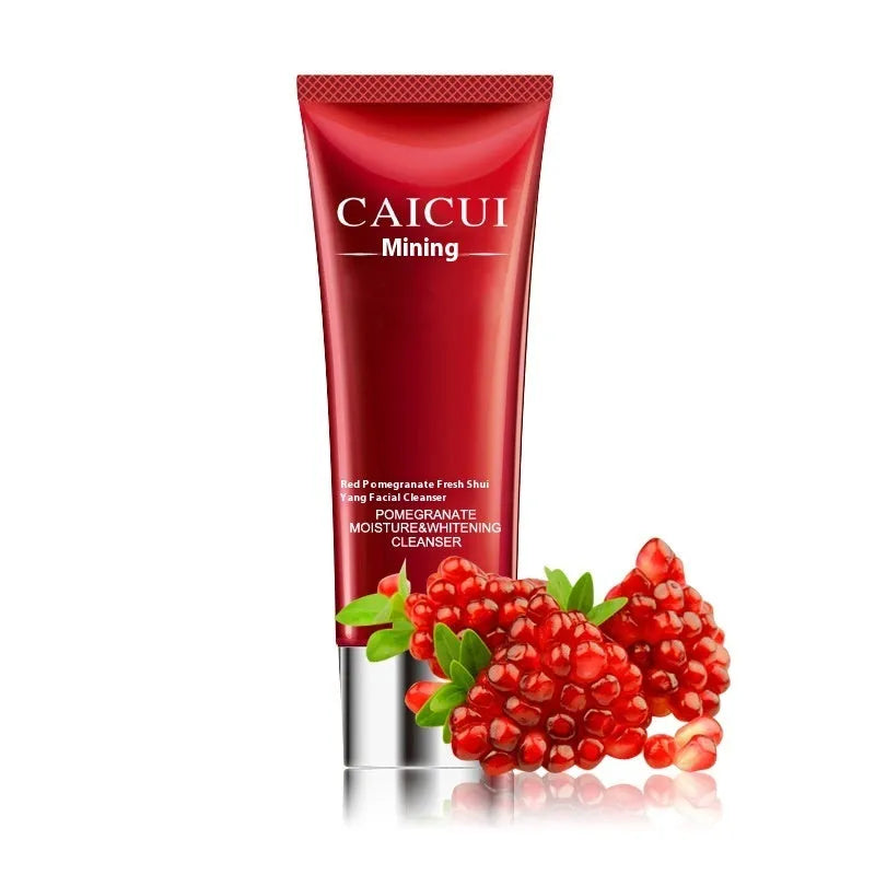 Pomegranate skincare set four-product bundle with red packaging including face wash, toner, lotion and facial cream