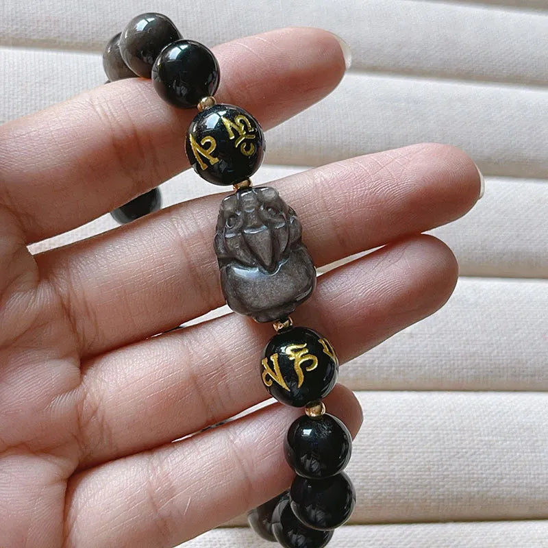 Men's natural silver stone bracelet with Chinese zodiac signs and beaded design