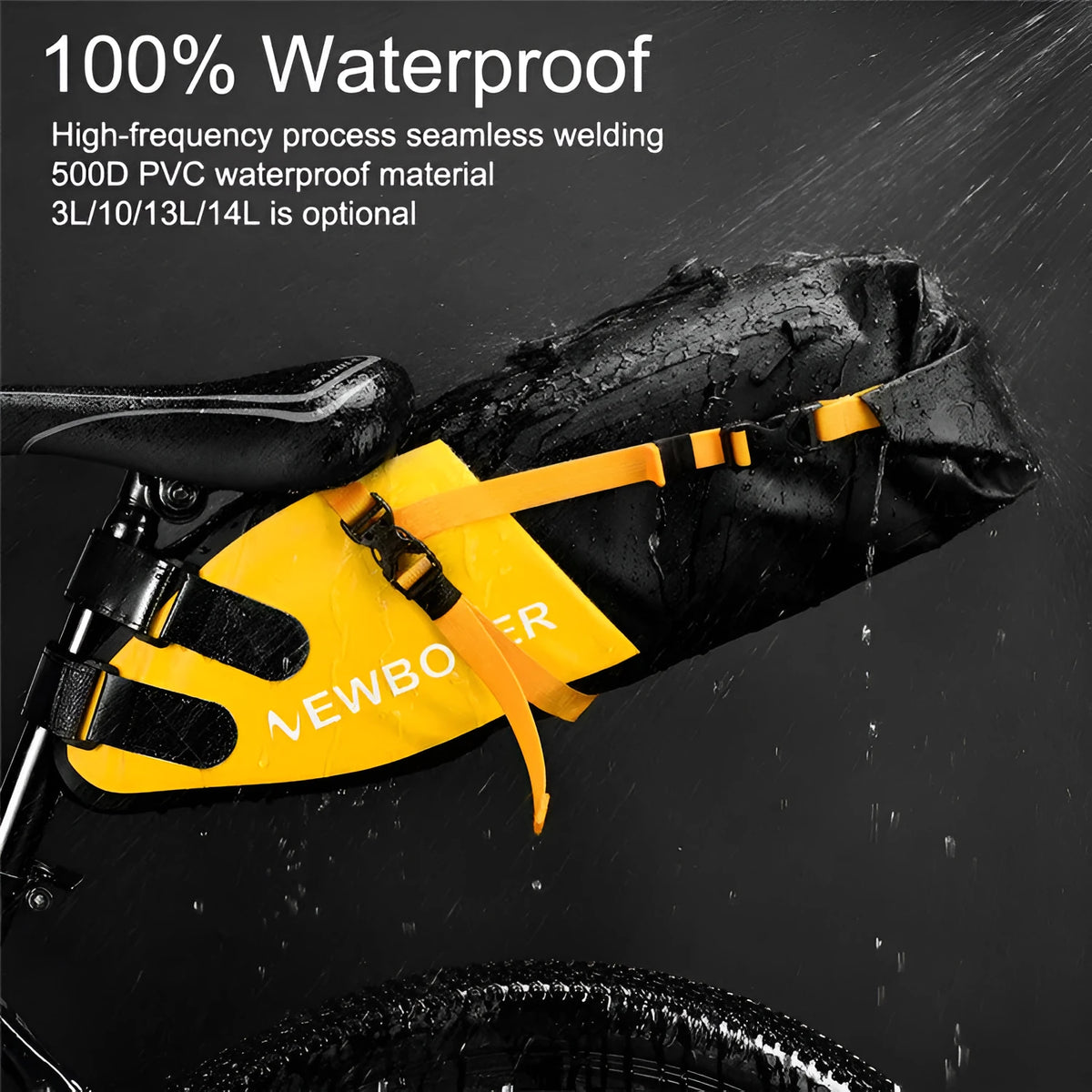 Waterproof PVC cycling tail bag with 13L capacity in black, green, or yellow colour options