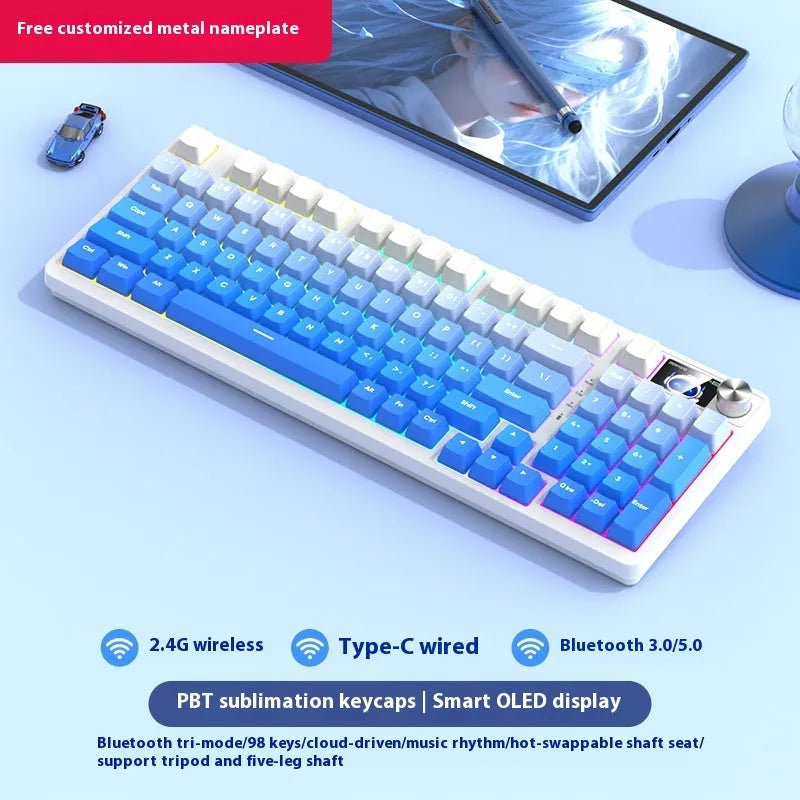 White screen version 98-key wireless mechanical keyboard kit with metal knob on desk