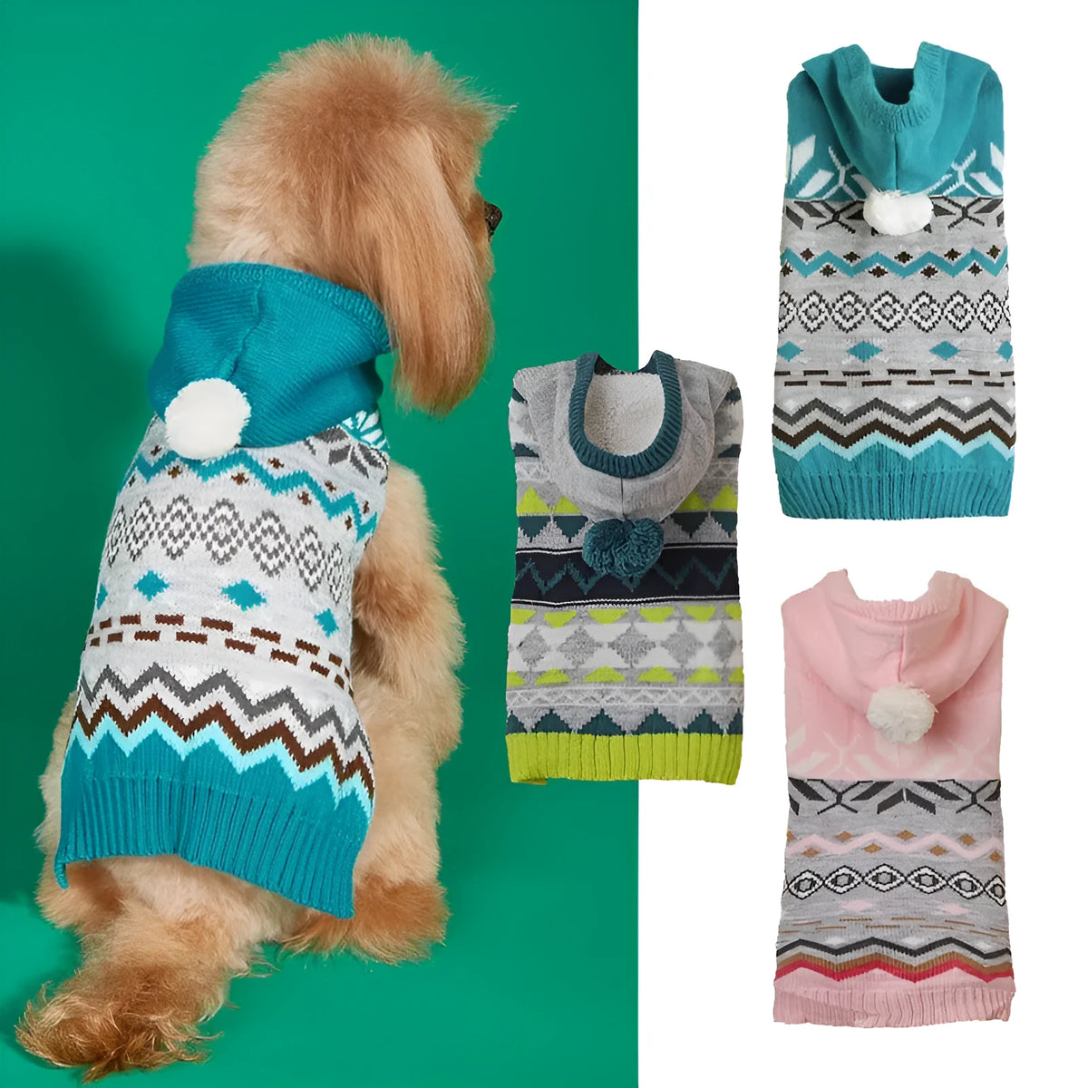 Green diamond pattern knitted pet sweater on small dog showing classic design and proper fit