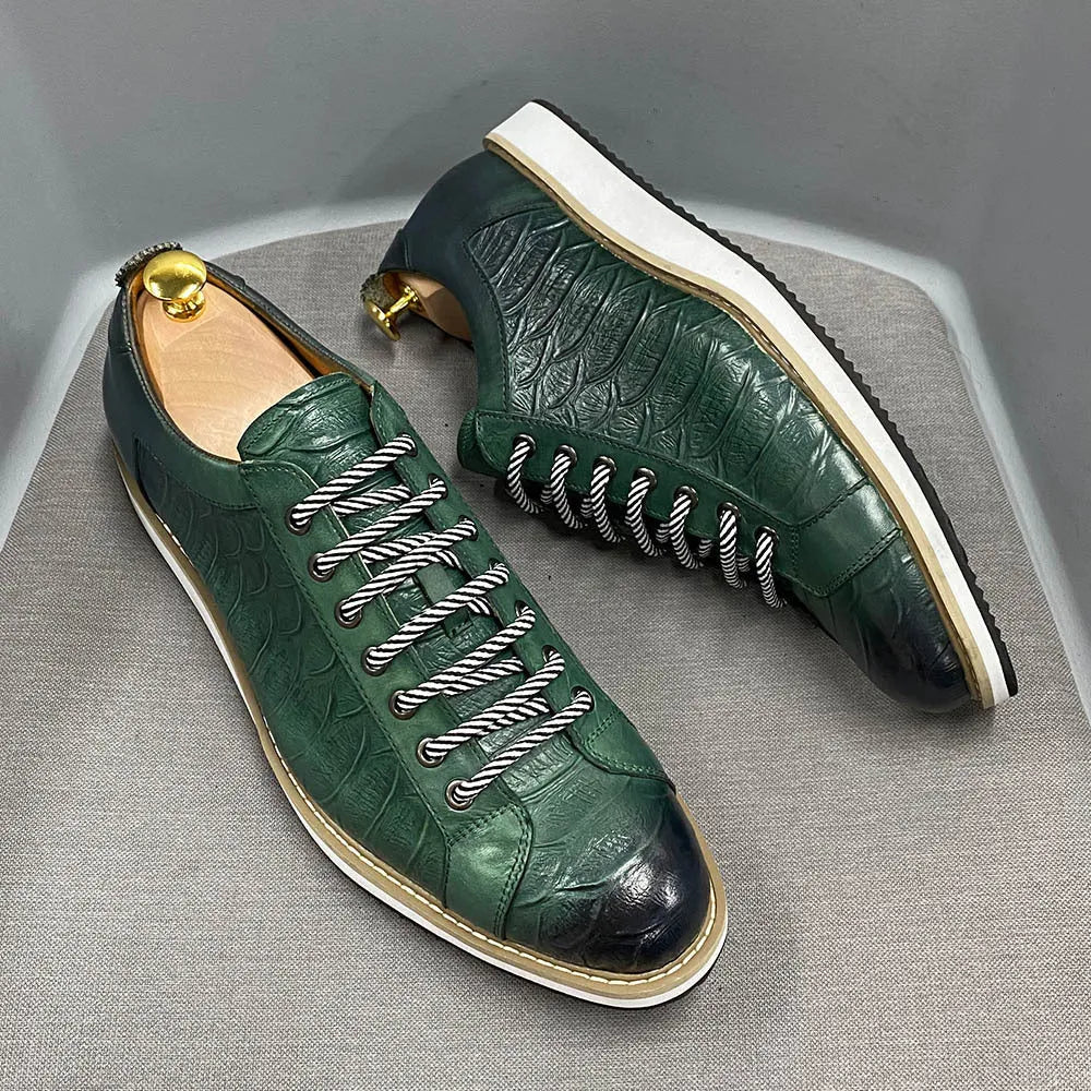 Men's handmade low-tube shoes with embossed pattern design and front tie closure in multiple colours