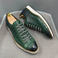 Men's handmade low-tube shoes with embossed pattern design and front tie closure in multiple colours