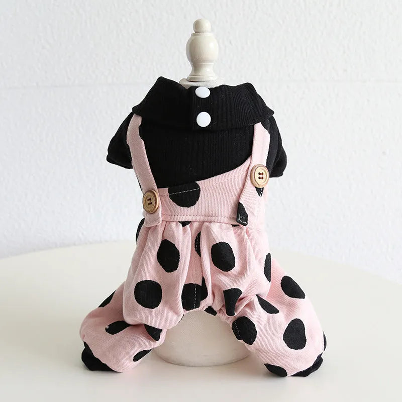 Dog wearing lapel strap cloth clothing in Casual style, showing Four-legged and Skirt design options.