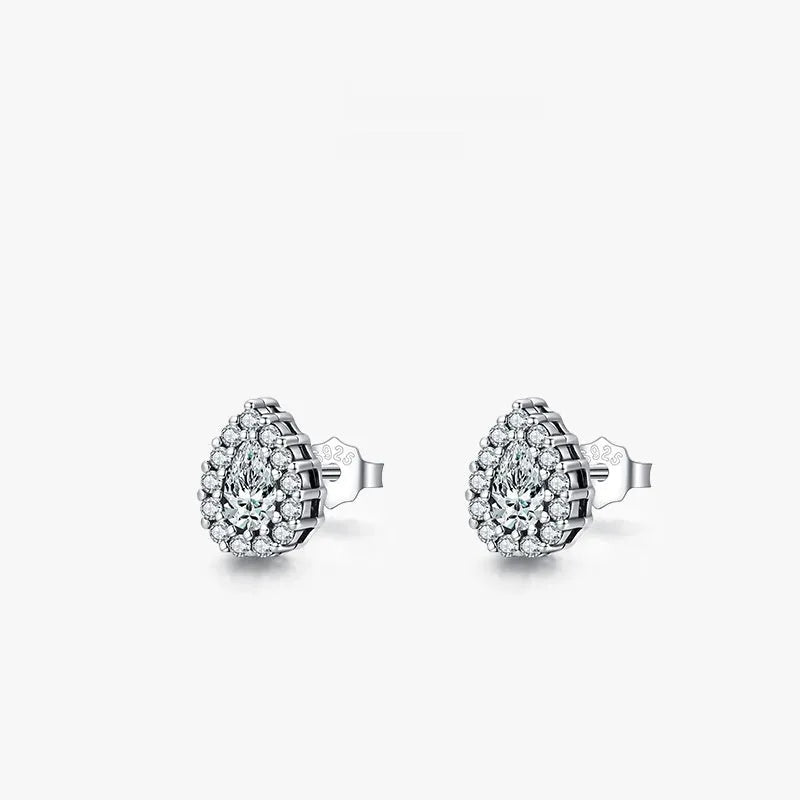 Women's silver water drop ear studs with 925 sterling silver construction and diamond treatment
