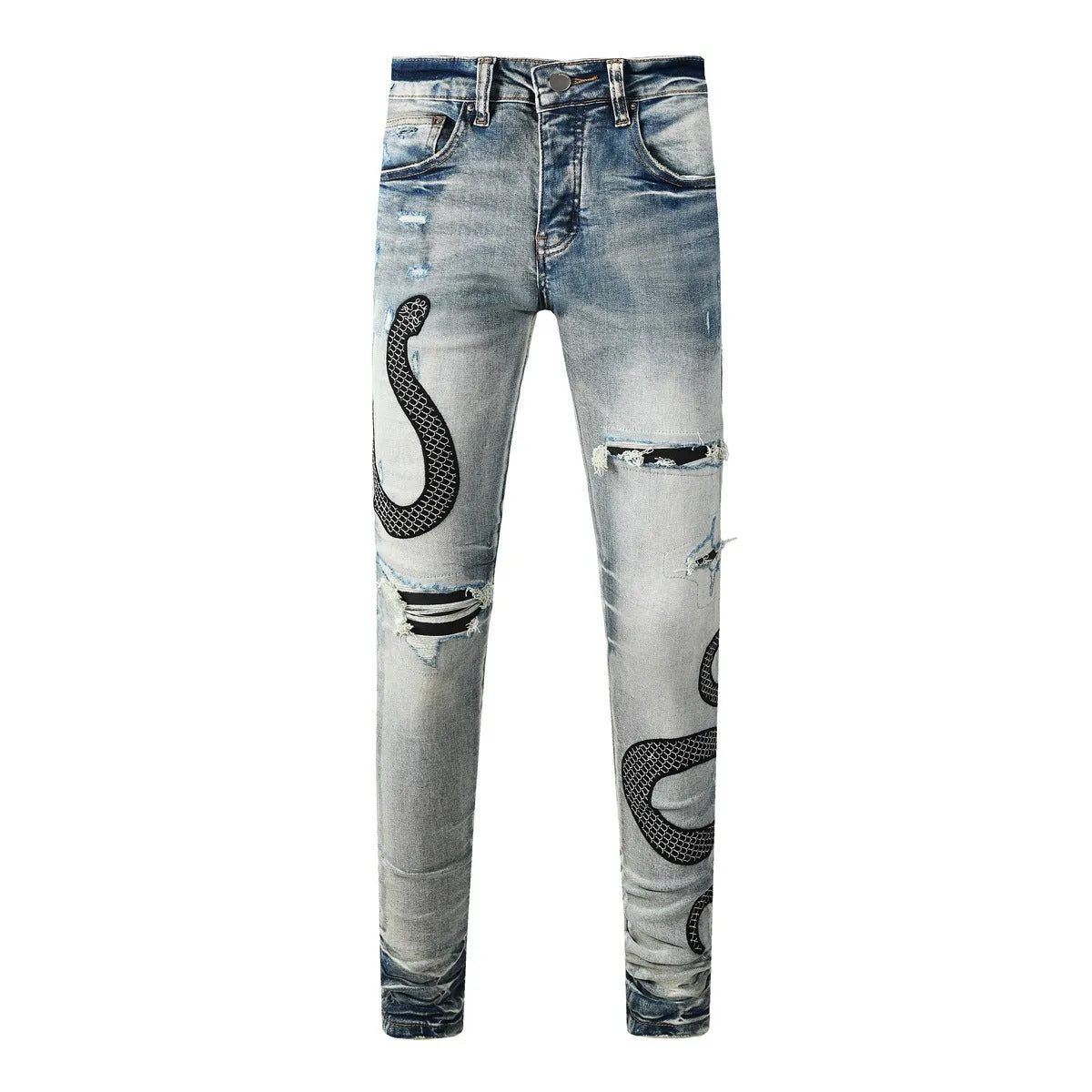 Men's blue distressed skinny jeans with wash finish showing button fly and slim fit