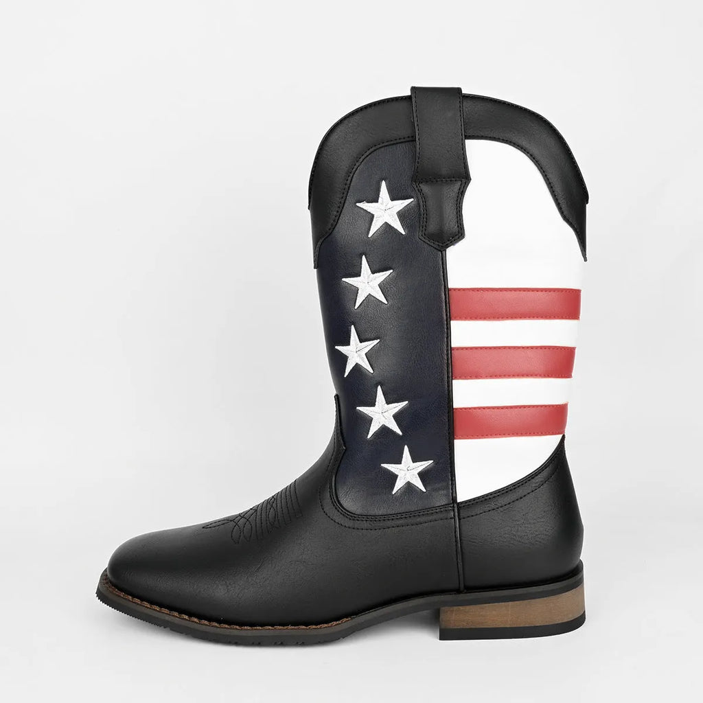 Men's black cowboy boot with five-pointed star and floral design on artificial leather upper.