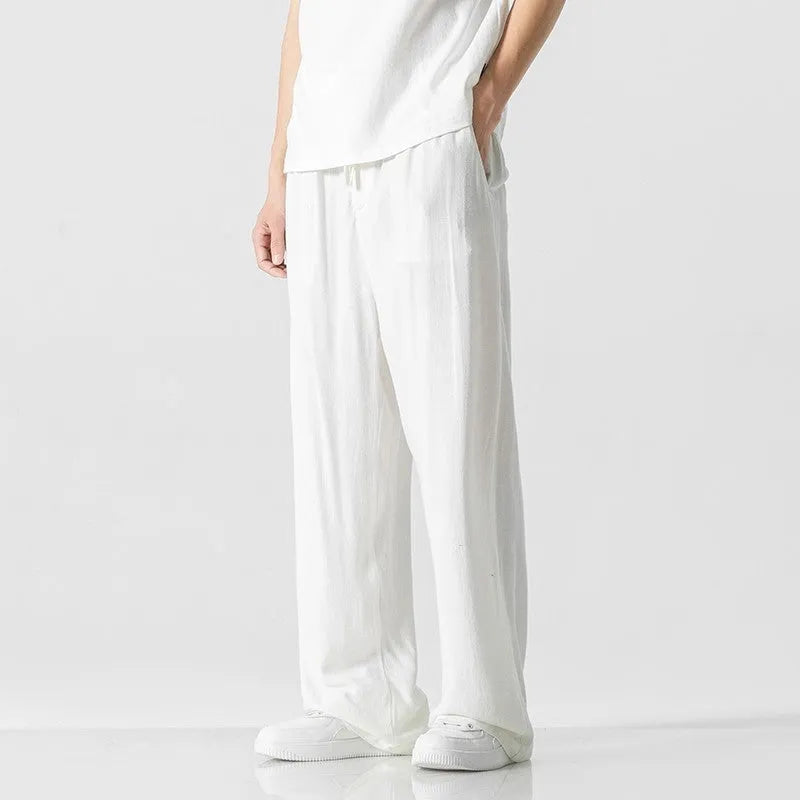 Men's bamboo fibre summer trousers in cropped straight-leg style with drawstring waistband