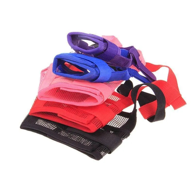 Adjustable plastic dog muzzle in black, blue, pink, purple, or red colours for biting and barking control