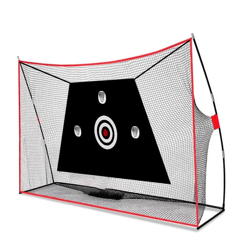 Golf swing wedge training net set with red and white practice balls on a turf mat.