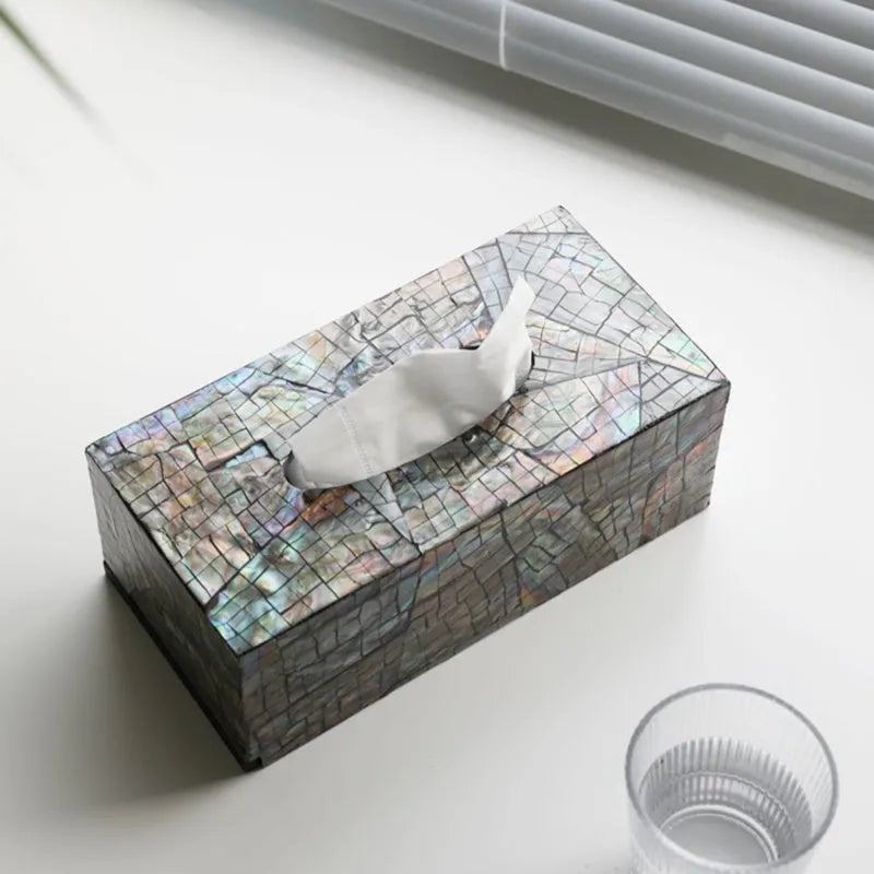 Black shell tissue box storage container with modern design on coffee table