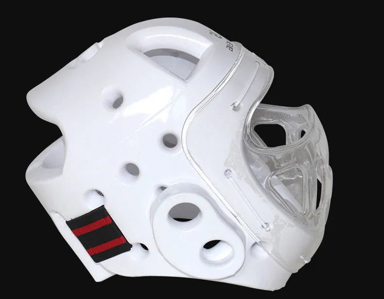 Karate training helmet for head protection, shown in blue colour.