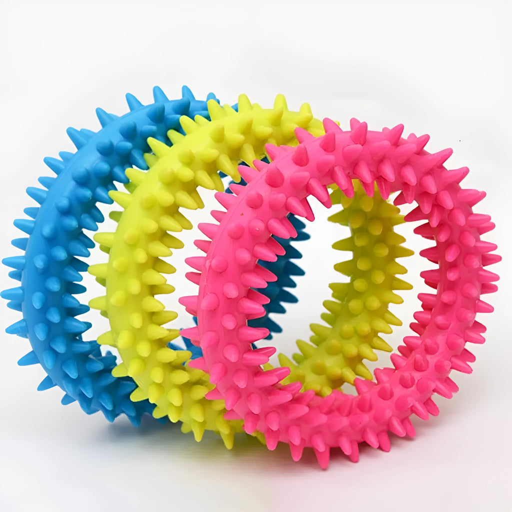 9.5cm diameter TPR dog chew toy with spiked dental cleaning nubs in multiple colours