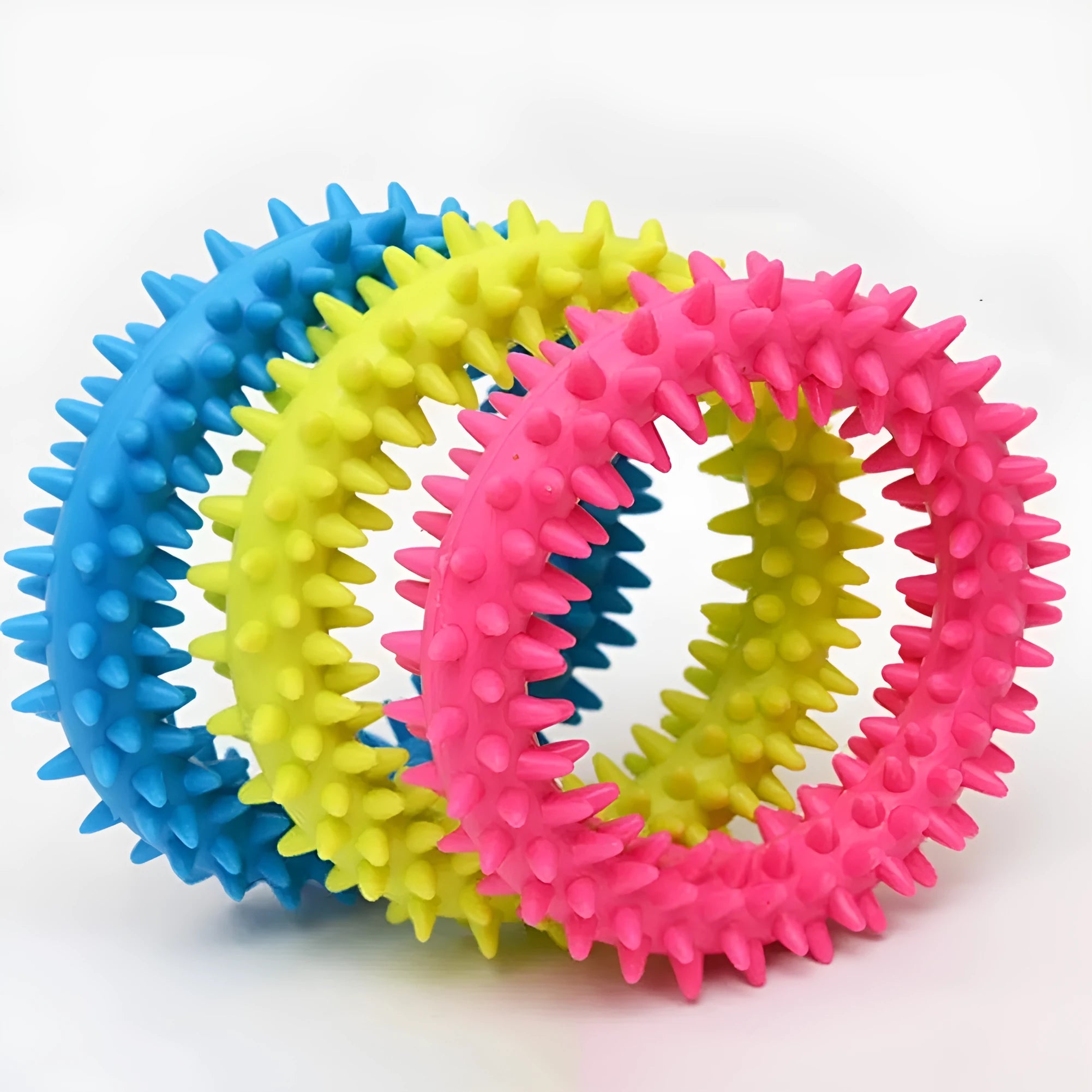 9.5cm diameter TPR dog chew toy with spiked dental cleaning nubs in multiple colours