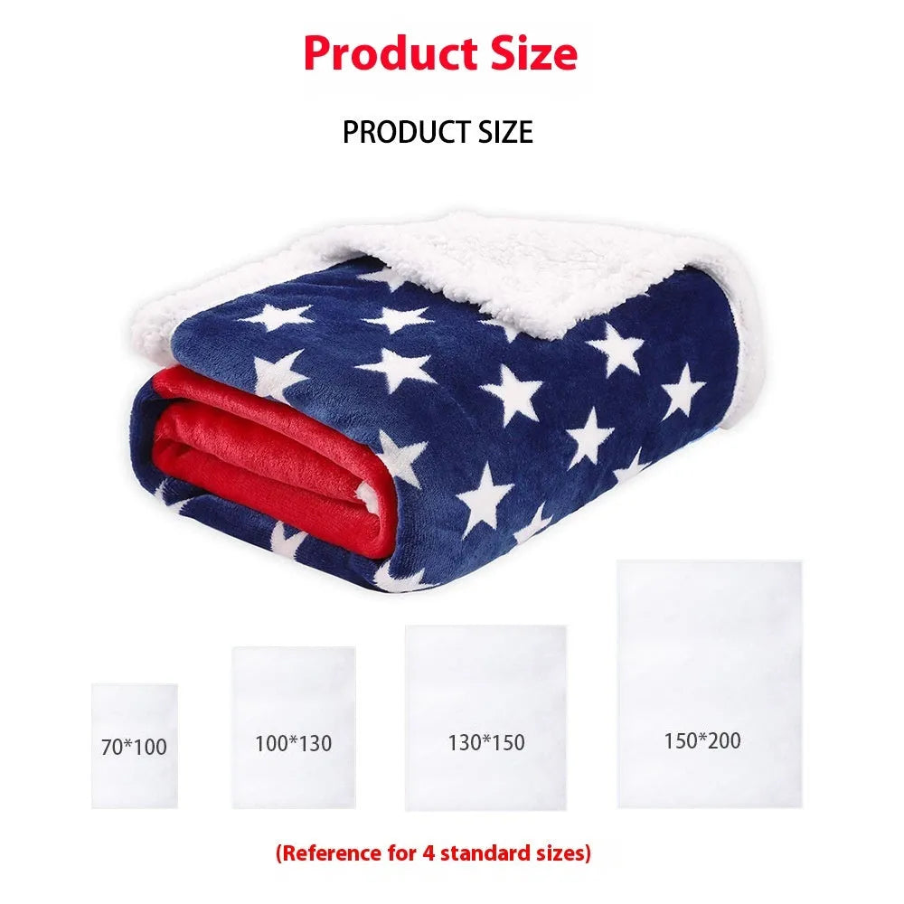 Striped polyester blanket in American style showing three size options