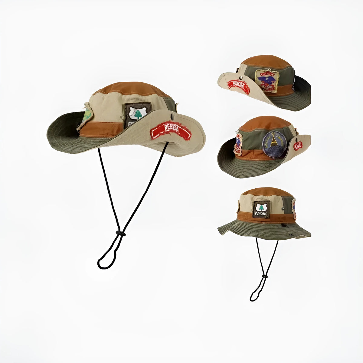 Army green cotton fisherman hat with hand-painted patchwork and flat top crown