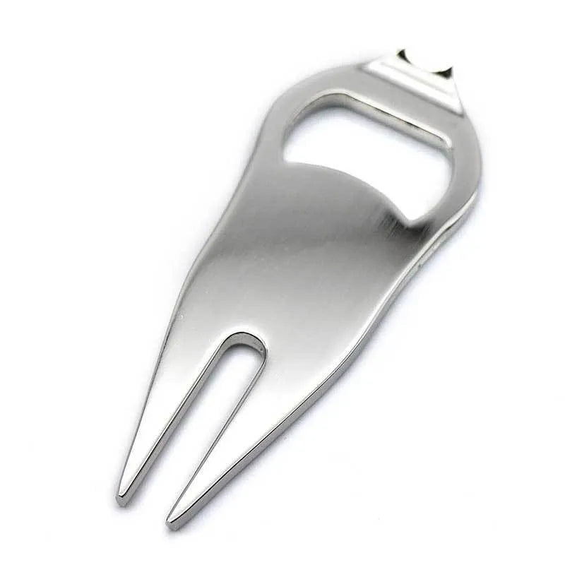 Zinc alloy golf ball yoke and bottle opener tool in black, green, or silver finish.