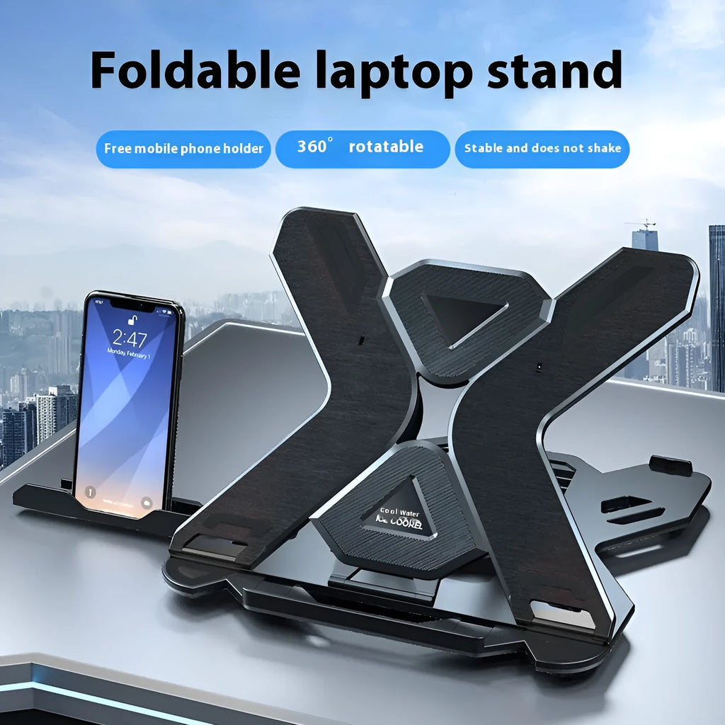Black ABS plastic laptop bracket stand on a desk, elevating a laptop for better airflow