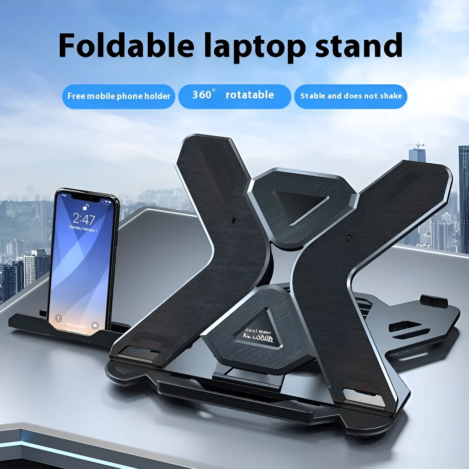 Black ABS plastic laptop bracket stand on a desk, elevating a laptop for better airflow