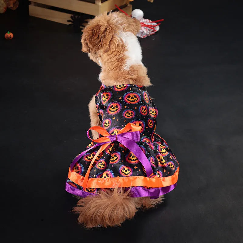Halloween dog skirt costume with colourful pumpkin and skull prints on double-layer polyester fabric