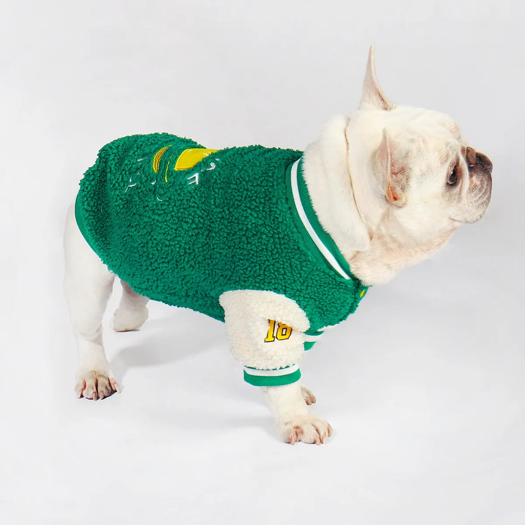 Green fleece-lined cotton dog winter jacket showing sizing options from L to 4XL