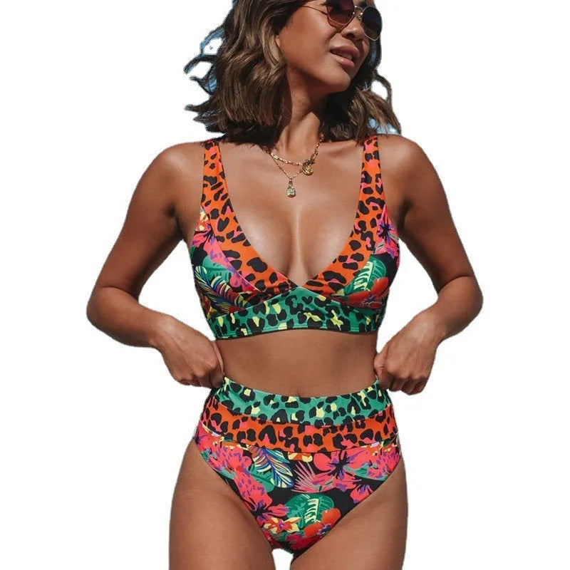 Women's floral print high waist bikini swimsuit set on a mannequin.