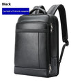 Black men's genuine leather commuter backpack with USB port and sewing line detail.